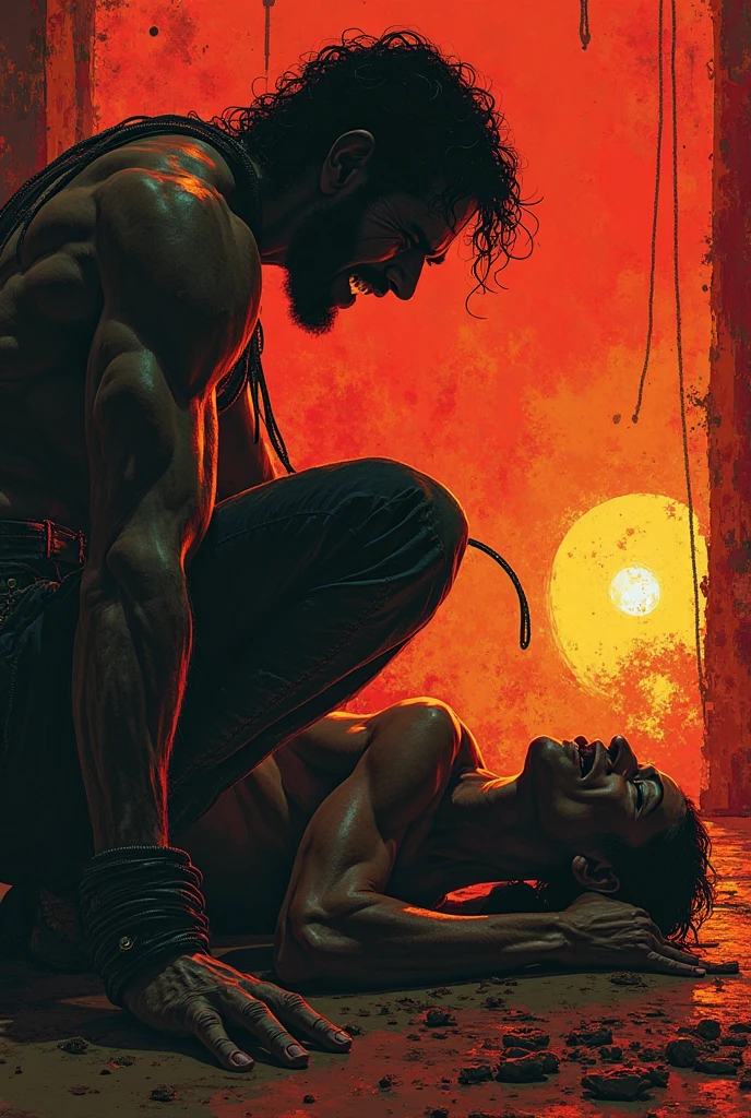 An extremely hot man rests his athletic and naked body, on top of a bed with his body covered up to his waist by a red robe, behind a large window displays an apocalyptic scene of Dante alighieri, --auto