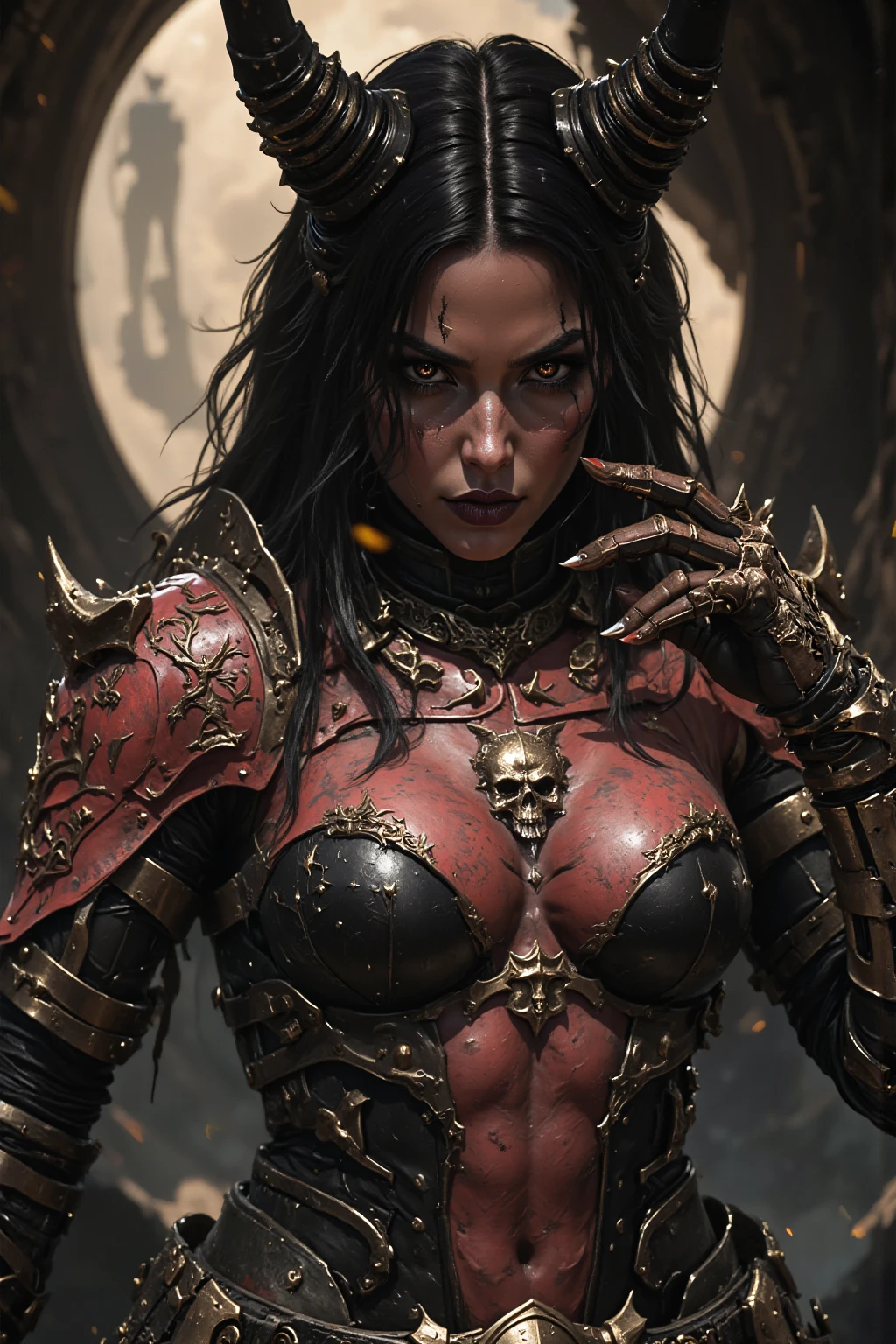 (((skulls on the ground))), (((Make a blood sacrifice))), (carnage:1.5),(black and white demoness:1.5),(beautiful female model:1.5), (((Large breast:2.0o))), (demoness with Large horns:1.25),(1 super muscular with flayed skin:1.5),  (perfect anatomy:1.5), high detail, best quality, masterpiece, finely detail, realistic skin texture, insanely detailed, intricate, glowing white eyes, dark hair, glowing white background, holding whip, hair bun, beautiful female face, white skin. black and white demoness:1.5, Hyperrealism, breathtaking, ultra realistic, ultra detailed,85 mm art lens, f 1.2, sharp focus, 8 k high definition, wide-angle, ultra details, ultra detailed photo of a black and white demoness, Hyperrealism, breathtaking, ultra realistic, ultra detailed, cinematic lighting,  photography, stunning environment, wide-angle, , medieval, Dark room, low key light, Masterpiece, Realistic, 
