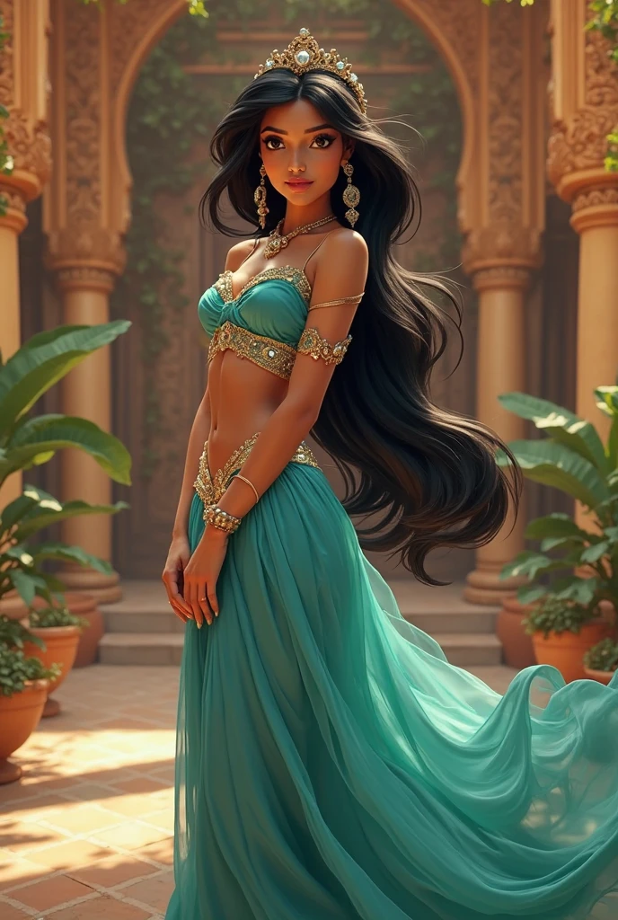 Stunning Princess Jasmine, photo in 8k, in action, cinematic. Written On the path of Good.