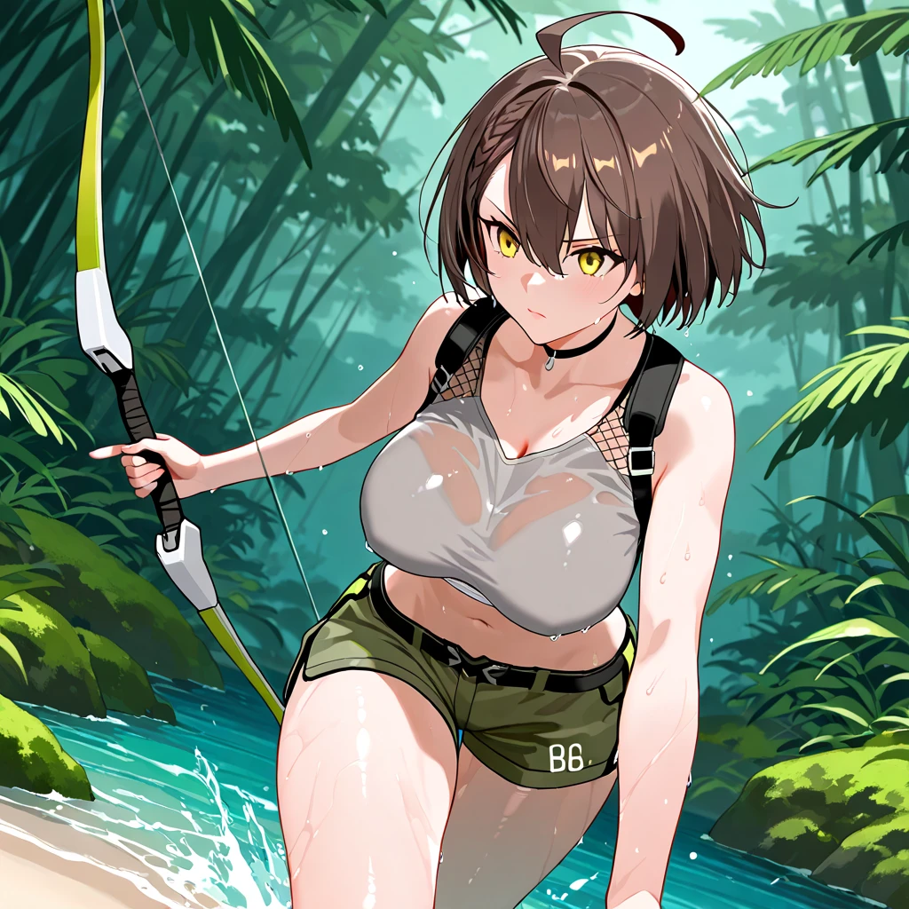 (1 Girl,Solo) ,Fantasy, High resolution, 19 Private, Creative, (Waist sheath:1.3), Open Mouth Smile, , Short Hair, Medium bust, Displaying the viewer, Bangs ,Hazel eye detail, , hands on chest,(Brown hair,Short ponytail hair:1.5), ,Short Hair, Peeing while standing,Straight on, Couple,(Esbian all over:1.1), White thighs,(Couple:1.4),Close-up portrait of a woman in armor holding a single-edged axe, armor girl, Bikini Armorfemale knight, bikini armor, Bikini Armor, Gorgeous Female Paladin, female knight, 美しいfemale knightの, beautiful armor, slender、シルバーBikini Armor, Exposed abdomen, 華やかなBikini Armor, Stunning Armor, Skin gloss、Skin gloss、Esbian all over,Thighs,Woman in silver armor boots covered in mud、(In the muddy swamps、Boots are stained with mud)、covered with a lot of mud、Mud flows down the body、(The skin is covered with mud)、(The skin is covered with mud)、(Lower body stained with mud)、Falling into the mud, Mud-stained armor,Glasses、Tired face、jungle