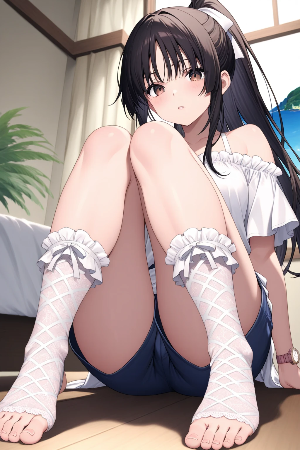 (Realistic, photo Realistic:1.2), ((highest quality)), Shift the center of gravity backwards, Quite embarrassing, siboshenxie, 1girl, black hair, long hair, solo, blunt bangs, snowflake hair ornament, yellow x hair ornament, black eyes, blue eyes, (bikini, White frill), Beautiful facial details, Real human skin, Gentle expression, Front view, angle From below, Realistic, photo Realistic, whole body, sitting on ground, knees raised, pool, (wind:1.2)