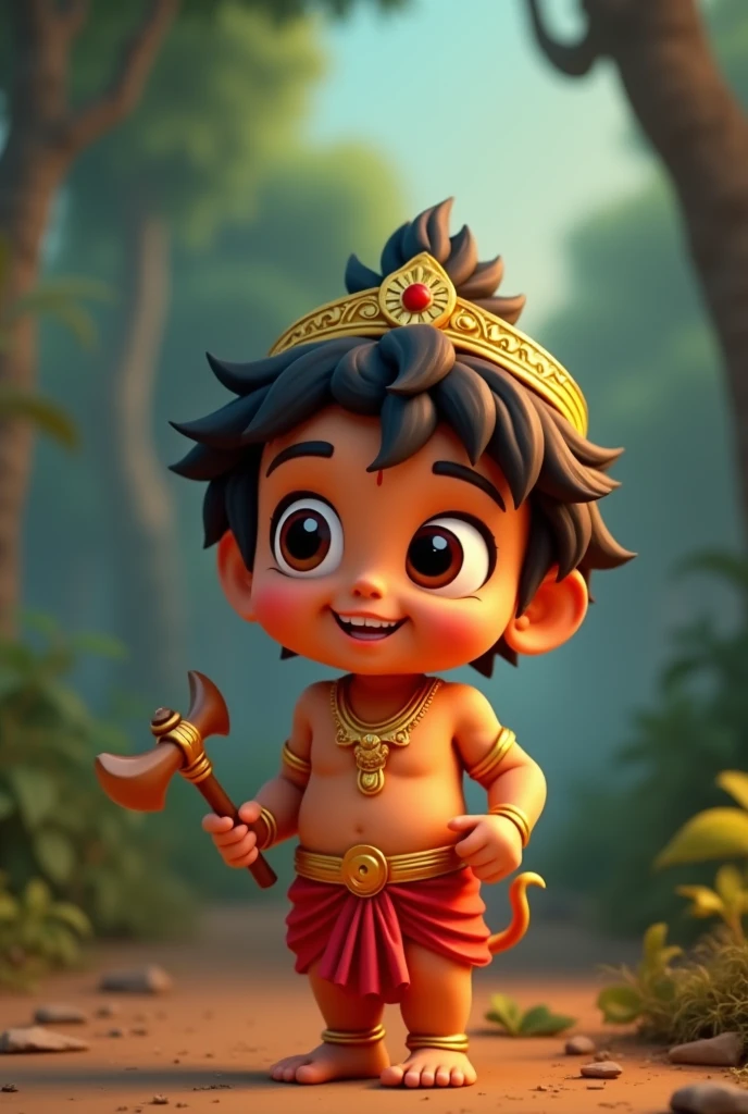 Animatic image of cute and Young Hanumanji, smiling ,a designer round gada on shoulder, background of round shiv jyotirling