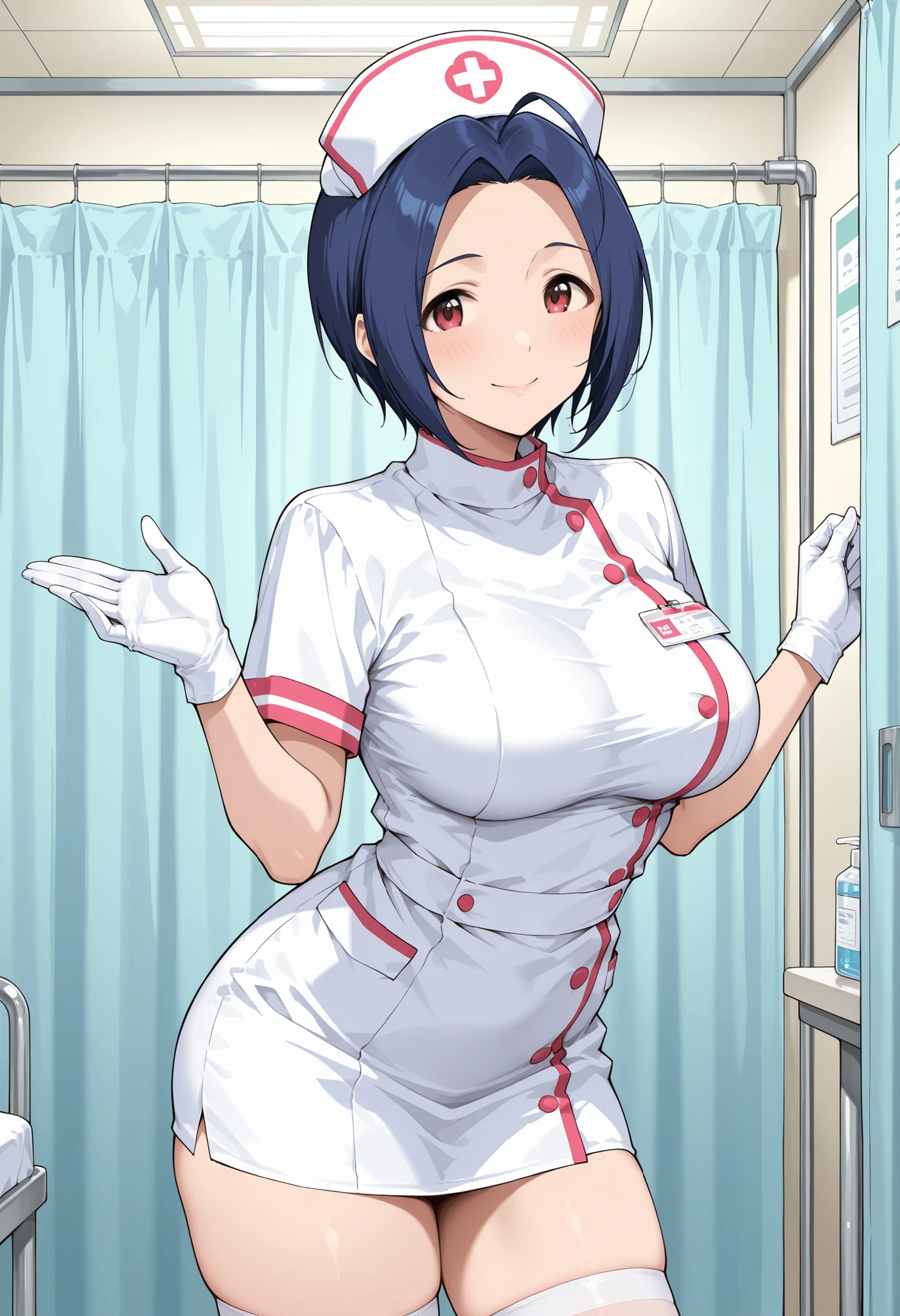 Cowboy shot, white skin、(Masterpiece: 1.4), (Best quality: 1.4), Beautiful girl, ((Nipples: 1.1)), Cute smile: 1.2, Teeth, ((Big breasts)), ((Model body type)), Japanese, 20 years old, cute face, standing figure, (cute smile: 1.2), (((bondage costume))), bondage, harness, O-ring, looking at the viewer、short hair、hospital、operating room、operating table、nurse、