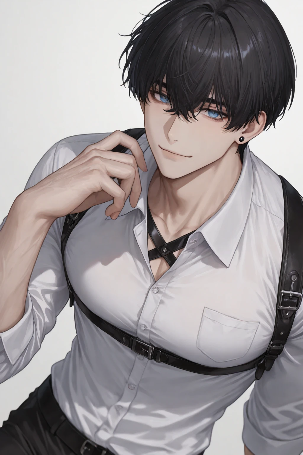full body view,4K, high resolution, best quality, masterpiece, perfect color, perfectly shaded, perfect lighting, Posted by e621, (by Chun Ni), Humanity, ((portrait)), ((handsome man)), perfect male figure, Short hair detailuscle tissue,chest muscles,abdominal muscles,Naked upper body,Detailed face, perfect face, (stood up), Detailed background, ((Bonifasco Lighting)), (delicate eyes), perfect student,