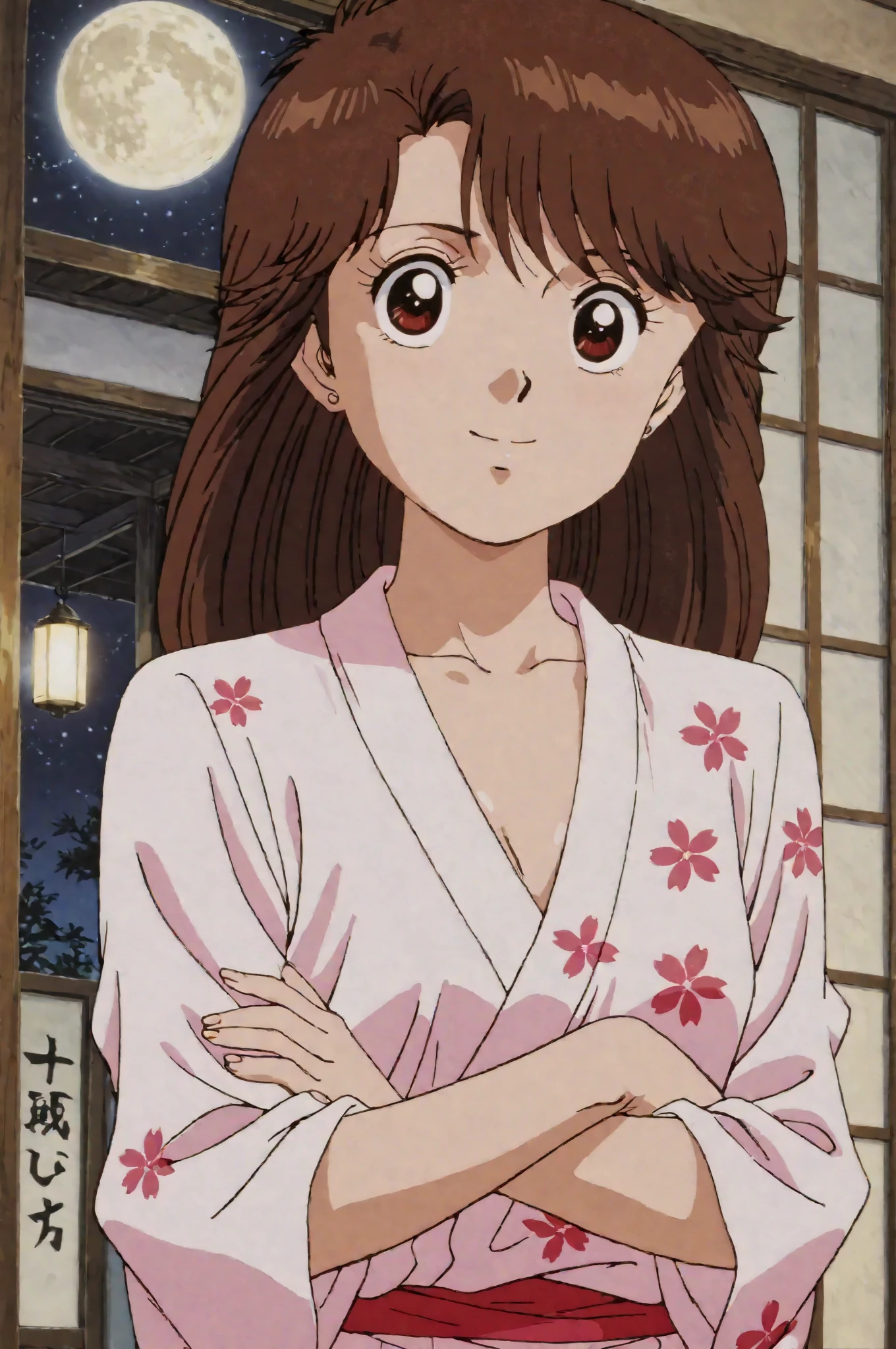 Kurita Yuko,masterpiece, top quality, great quality, high resolution, Unlimited, very beautiful, Super Detail, perfect details, rich aeiful with no physical discomfort, very detailed, perfect details, (anime screen capture:1.2),(anime coloring:1.2),Megami Magazine,side lighting, shiny skin,medium breasts, Brown Hair, (semi-long hair),focus breast, (lie flat:1.3),japanese style room,late night, Mischievous Smile,shiny body ,flower pattern Light blue yukata,Shoji screen, moon background,standing,(crossed arms:1.2),