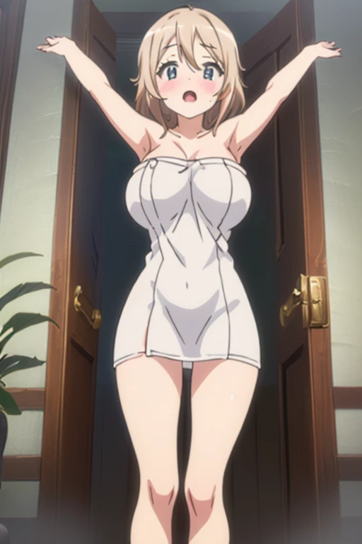 1 female,12 years old,blonde,(miniskirt and big white tank top, (big breasts), , natural smile,,,(((leaning forward)))