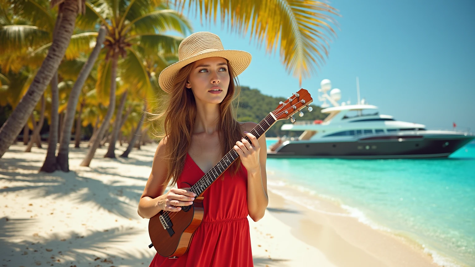 (photorealism:1.2), Create an image of a confident, mature filipino slightly fat woman with fair skin, long and thick hair, a small heart-shaped face with reduced cheekbones, and a distinctly pointy, smaller nose, sitting on a sandy beach, playing a ukulele with one hand while the other hand is raised, as if she is gently cradling the setting sun. Her stunning face is shown in a close-up with a joyful, flirtatious expression, her delicate features framed by windswept hair. She is wearing a sleek, vibrant bikini that complements her body. The background features the warm hues of the setting sun reflecting off the calm ocean waves, capturing the vibrant energy and beauty of a beach sunset.