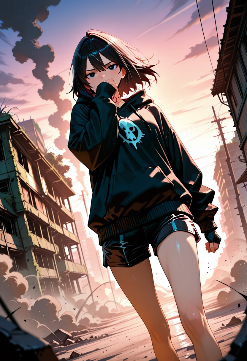 ((1 GIRL)) ((High Resolution)) ((Hyper realistic 10k,asian girl)), ((Japanese)) (( physically mature female)) (( average sized breasts)), 25-year-old, (( anime girl)), ((short dark-haired)), ((windswept hair)) ((ultra high quality))((flawless))((4k UHD)) ((Best Quality)) ((Daytime)) ((eyes glowing yellow )), wearing a ((black long sleeve shoulderless, blank T-shirt))((no logo)) wearing ((blue jeans)) and black and yellow sneakers with (((blood splattered))) on it and her face, standing in the street ((facing front and center toward the camera)) in a ((ruined city)) filled with ((heavily damaged)) and worn (( tall skyscrapers with gaping holes in their structures while on fire)) and ((crushed vehicles on fire)) ((city in ruins)) and small and ((raging fires all around)) and an ((intimidating)) look on her face.