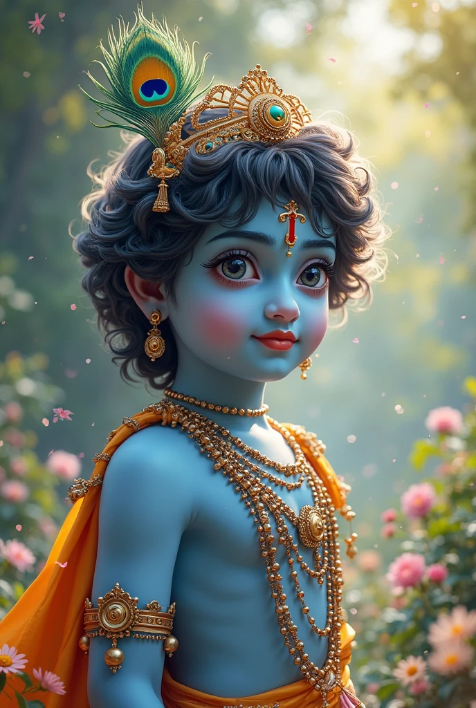 Create a highly detailed and realistic image of Krishna as shown in the serial Radha Krishna, but in a child form. He should have the same distinctive features as portrayed in the serial, including his attire, hairstyle, and expressions, but with a youthful and innocent appearance. His skin should have a deep blue hue, and he should be adorned with gold jewelry and ornaments suitable for a child. He should be holding a flute, and the background should reflect the celestial setting of the serial. Ensure the image captures the grace and divine essence of Krishna while highlighting his youthful charm.