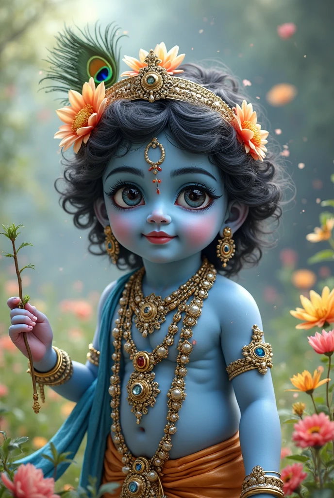 Baby Krishna, blue colour,only face, flute on hand, flower jewelery, peacock feather,