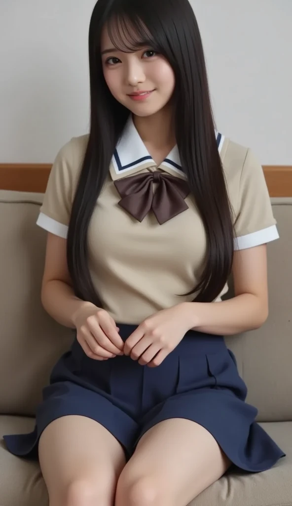 ((highest quality、8k、masterpiece:1.3)),((((cowboy shot)))),Ultra-high resolution,big eyes,Japanese,bangs,(a girl),(1 girl),((20 years old)),((facing at viewer)),(long hair),(((black sailor uniform))),grin,((sitting on chair)),(pleated mini skirt),(((pussy))),((pubic hair)),((skirt lift)),((short crew socks))