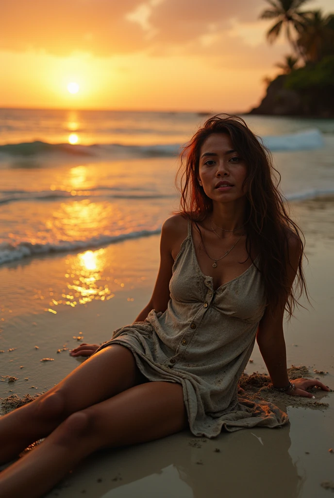 brunet Asian sexy woman sitting in a beach near the sea at sunset