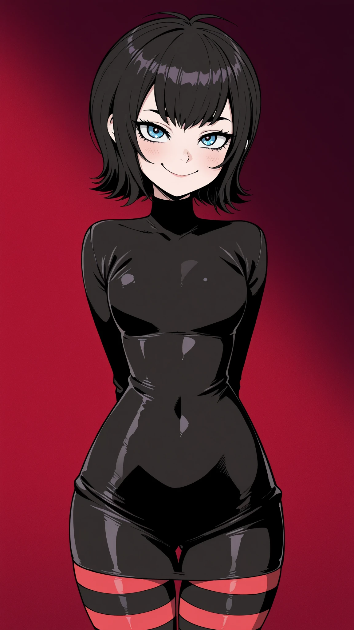 a beautiful girl with red hair wearing a black dress, detailed facial features, bob haircut, full body illustration, woman wearing a long black and red coat, solo character, white background, anime style, highly detailed, photorealistic, 8k, best quality, masterpiece, blue eyes, short hair