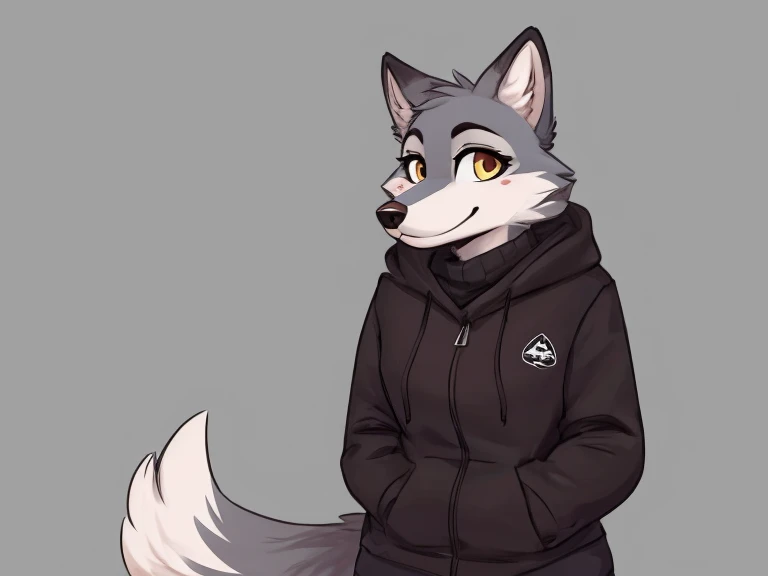 Female, solo, wolf, fluffly, furry, (average breasts), (curvy), (black hoodie), (jorts), accurate tail, slight blush, mature, smiling, happy, beautiful, highly detailed, high resolution, detailed eyes, detailed hands, detailed background, masterpiece, coxas grossas, pelos detalhados