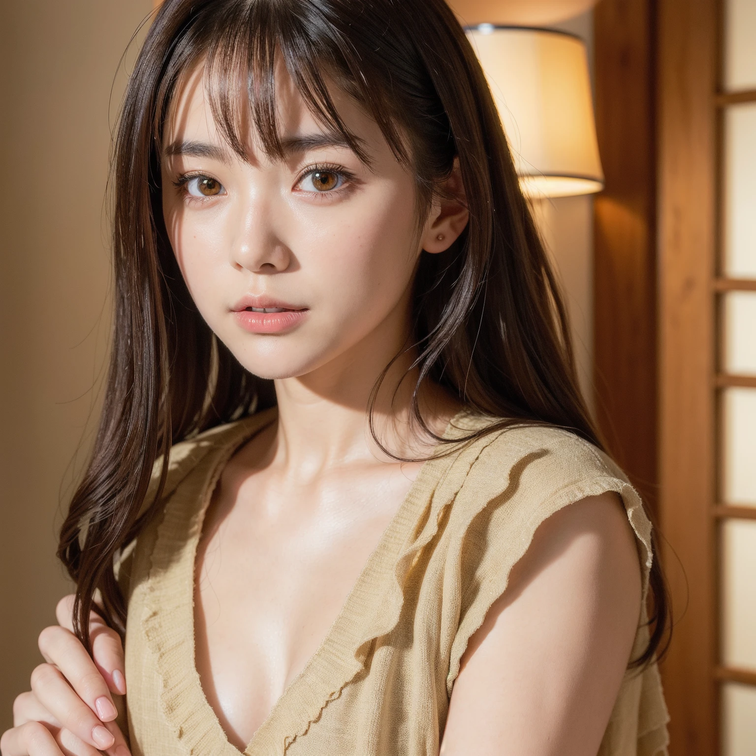 best quality, face focus, soft light, ultra high res, (photorealistic:1.4), RAW photo,
1japanese girl, solo, cute, (pupil, lights in the eyes), detailed beautiful face, (small chest),(high resolution detail of human skin texture),
(long hair),
indoor,
Damask Shirt Dress,
(portrait)