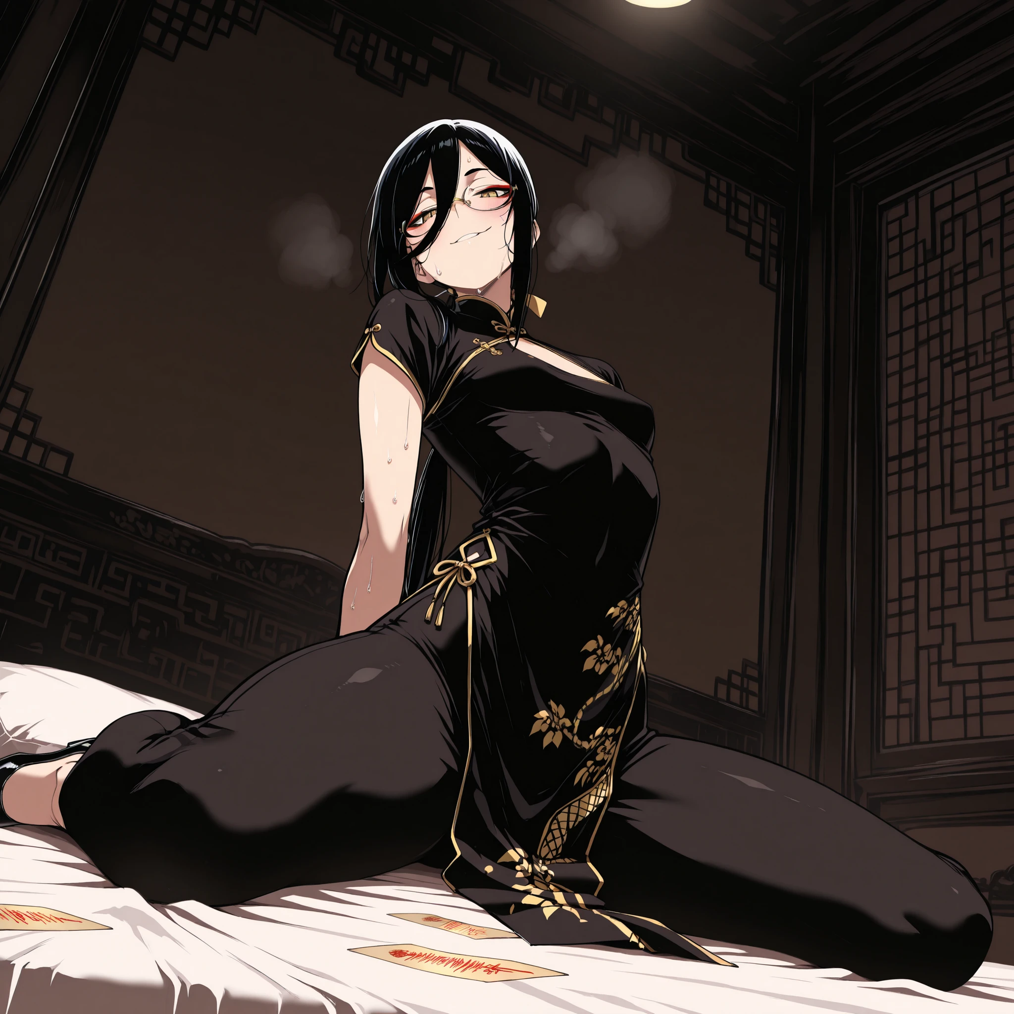 masterpiece, best quality, amazing quality, very aesthetic, foreshortening, 1 girl, taoist, black and gold cheongsam, black hair, long bangs, low ponytail, extremely long ponytail, black and gold pumps, wariza, arched back, small breast, narrowed eyes, yellow eyes, red eyeshadow in corner of eyes, glasses, arrogant smile, blushed, sweaty, exausted, saliva, BREAK, chinese style room, chinese talismans scattered everywhere, on luxurious bed, dark theme, steam, looking at viewer, view from below, NSFW.