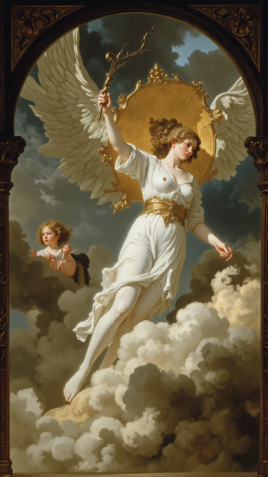 Alafi ceiling with paintings of angels and demons,angelicales,Virgin,Classical oil painting,child, painting on the ceiling, baroque painting, Rococo painting, Rococo Art Style, inspired by Charles-Amédée-Philippe van Loo, Allegory painting, rococo ornament, Rococo art, Inspired by Charles Lebrun, baroque painting, baroque style painting, Guidoreni style