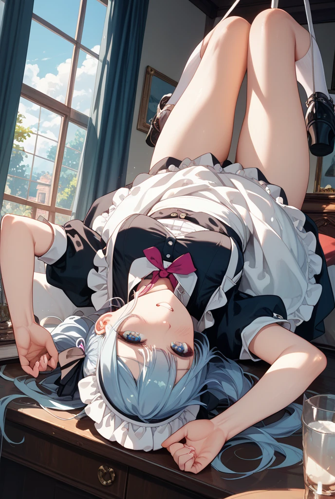 Hatsune Miku with empty eyes、turned around、All body in、a sailor suit、Simple pastel background、at your feet