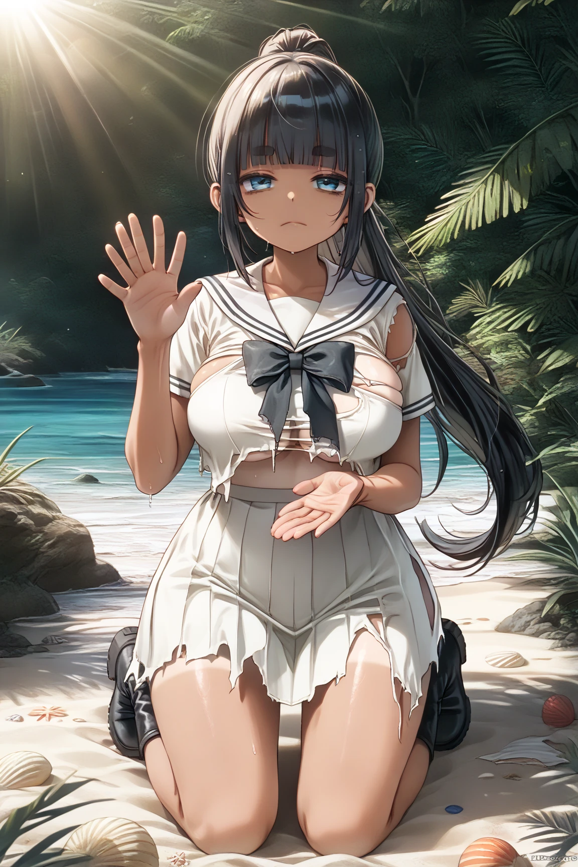 1 girl, detailed blue eyes, lange wimpern, detailed beautiful face, 4k quality, (Long black hair:1.4), (arms behind back:1.6), gefesselte Arme, Red rope, (blushing:1.3), (Big boobs:1.2), (weißes Hemd mit schwarzer krawatte, black skirt, school girl, 18 jears old:1.6), OTN, Gag, gagged, shibari, liegend im wasser, nah aufnahmen, wet clothes, laying in beaxh water, liegend