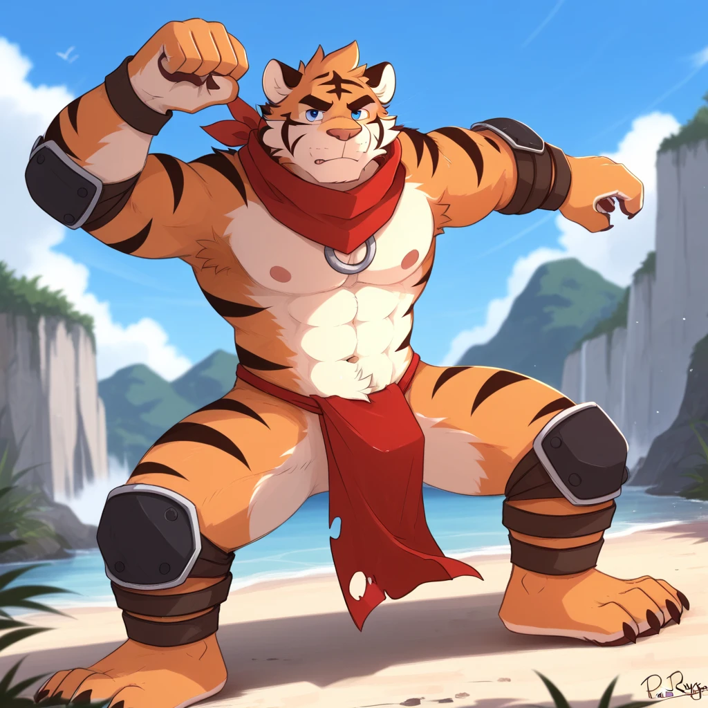 Tiger,Young Adults,Strong,handsome,warrior,Sexy body,Tiger爪,Scantily clad(Scapula,Armor knee pads,Crotch bulge,The genitals are extremely prominent,Red torn shawl,Bare chest and abdomen,Bare thighs,barefoot),expression(vigilante,Gnashing of teeth),action(Open your legs,Lower your center of gravity,vigilante),Alone,Look directly into the camera,Challenge the camera character to a duel,environment(Clearing in open forest,Surrounded by low weeds,There are pine trees in the distance)