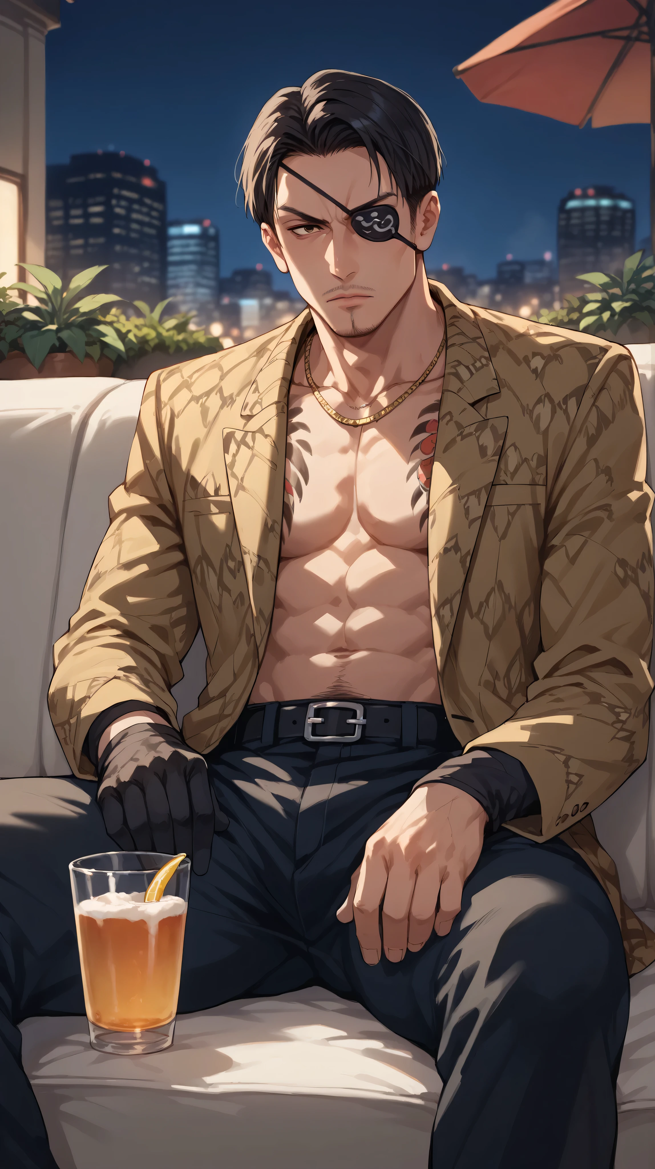 1 man, mature man, close up, man in a terrace, chill out terrace, night, views of the city, shinjuku, golden decorations, golden pillars, plants, (((outdoor))), majimaDEF, eyepatch, tattoo, necklace, jacket, animal print, open clothes, black gloves, black pants, serious, reclined on sofa, holding a drink