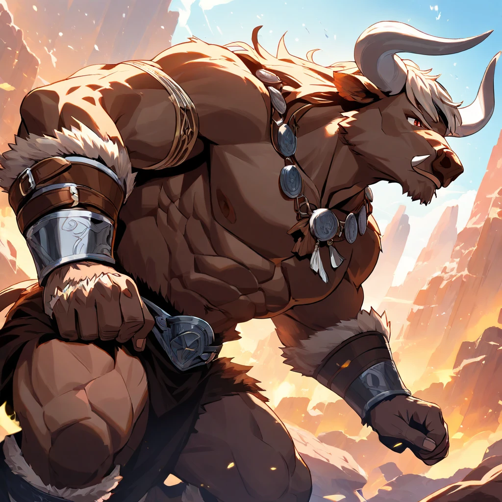 Hd, masterpiece, super detail, 8k, best picture quality, a man, male, furry, fur taur, beartaur, ((brown fur)), stout, tough guy, ((topless)), (both hands holding a huge semicircular axe above his head), ((slashing motion)), martial arts style, gritty look, the background is deep in the mountains