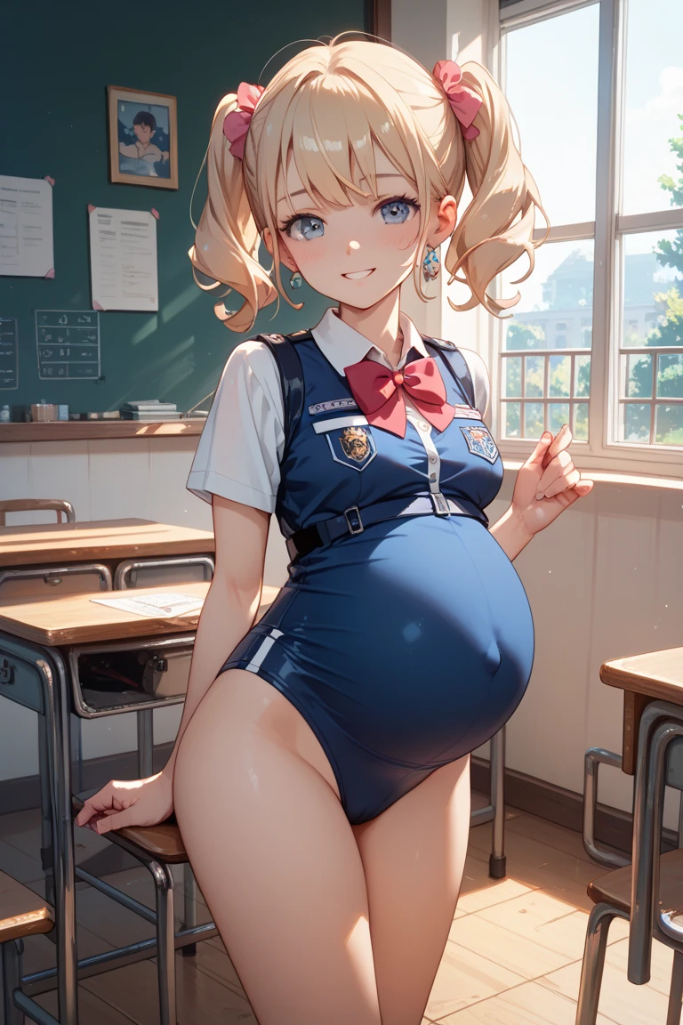 1girl, solo, looking at viewer, blush, short hair, open mouth, bangs, blue eyes, bare shoulders, blue hair, standing, swimsuit, ass, thighs, cowboy shot, horns, looking back, indoors, blunt bangs, from behind, :o, one-piece swimsuit, bare arms, school swimsuit, demon horns, desk, blue one-piece swimsuit, classroom, school desk, chalkboard (loli:1.5), (toddler:1.5).