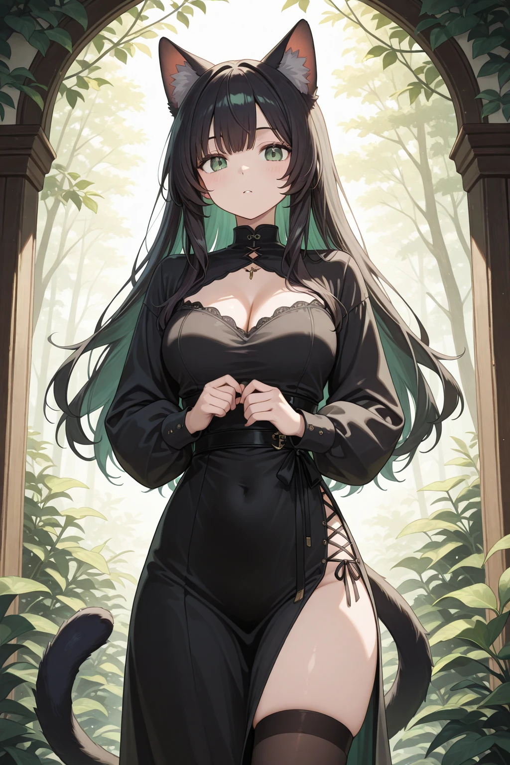 Cute adventurer Girl, Long lush Dark Hair, Beautiful Green Eyes, Natural Cat-like Ears, wide hips, worn attire, cautious expression, dark forest background, dark mysterious clothing, 