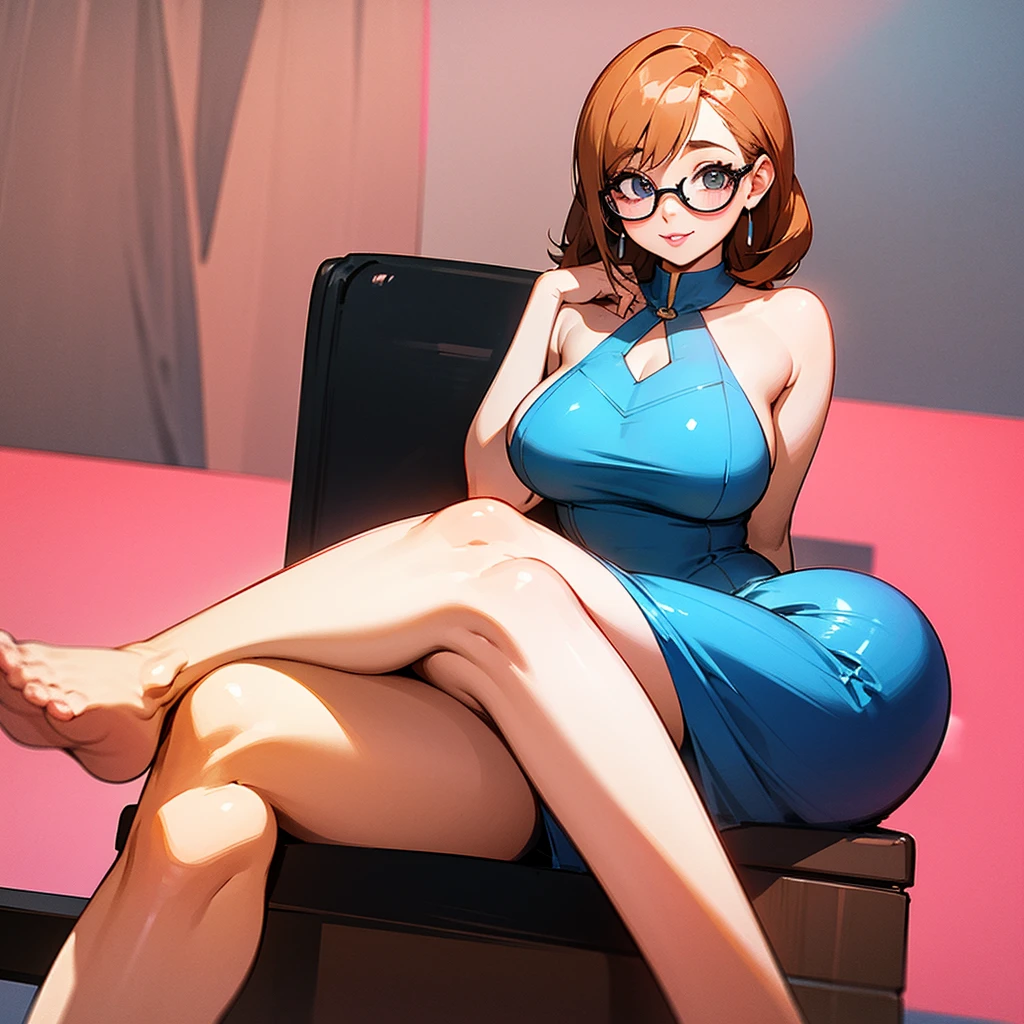 (masterpiece, best quality, high resolution, 8k), cowboy shot, BREAK, girl style anime, well defined eyes, high definition eyes, perfect body, perfect ???????, eyelashes and black shadow under the eyes, detailed, round eyes with eyelashes and highlighted eye shadow, BREAK, wearing blue glasses, wering a wearing a black choker, brown light eyes, brown hair, jinx hair, wearing royal metallic blue high-neck long-slit dress thick high heels, blue, round butt, perfect curves, with watch on her hands, medium breast, BREAK, girl singing in a karaoke with a microphone, big speakers and subwooferlaser lights and colorfull ballons in a party house.