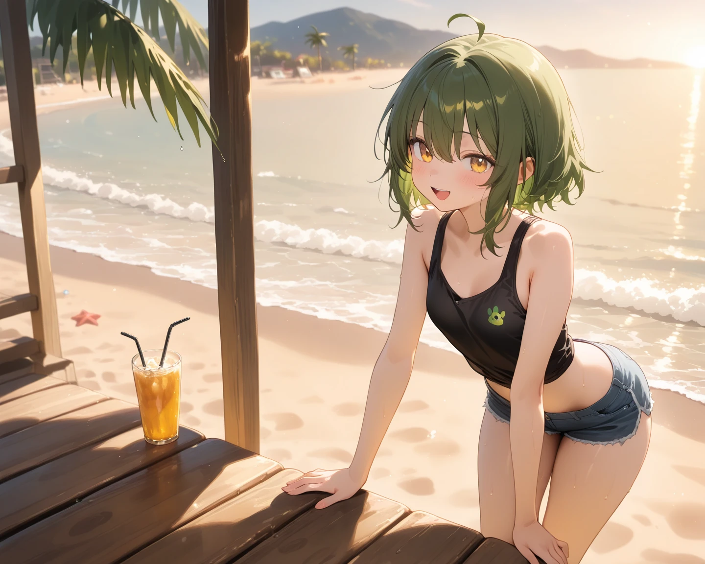 High resolution, high quality, One girl, Anime Girls, dark green hair,short hair,double bun,green eyes, heart shaped pupils,Glowing Skin, Large Breasts,beautiful breasts,pointy breasts,(Big Ass),beautiful ass,Embarrassed,Tank Top,swimsuit,Back Pose,lower body,sweat,wet,squatting,(open legs),arms behind head,at Beach,(Kiwi juice),(lemon juice),(orange juice),(Pineapple juice),(Mango juice),(water),