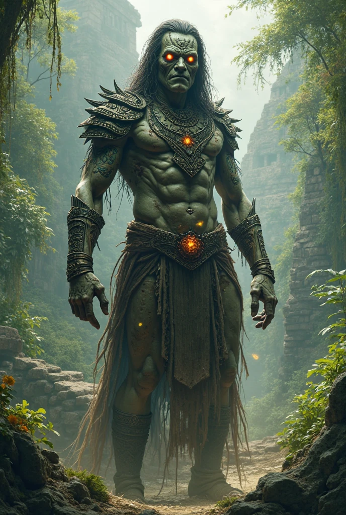 there is a large stone statue in the middle of a forest, stone eyes, unreal maya, cinematic imax footage, by Jang Seung-eop, Inca style, cybertronic Hindu temple, face close-up, playstation 3, autodesk, marvel movie still, tombs  