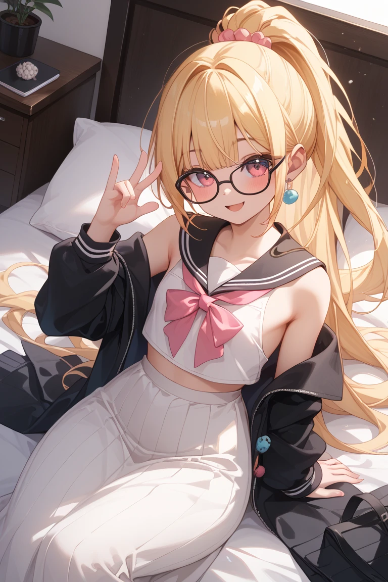 high resolution,High resolution,１Beautiful girl of the person,whole body,look up,looking at the camera,Big eyes,Glasses,Crying face,Tears,Stringy saliva,Open your mouth wide,Sticking out tongue,Flush saliva,Overflowing with saliva,ponytail,Golden Hair,Brown eyes,Navy blue sailor leotard,High Leg,Red tie,Tears overflow,Dripping a lot of saliva,Drooling,On the bed,sexy,Finger licking,Western-style room,Alluring,Leg spread,Legs spread,Legs spread,