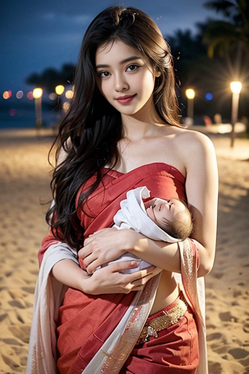 ((Dystopian Landscape with wild red berry and rose petals on the sand)) (( A girl)) stands with a baby zalmander . The girl wears a transparent red tight dress with gold chain ober her bbreasts Silver long hair is covered with silver giltter artist Theo James, James Dean, Idina French, Mary Jurgen