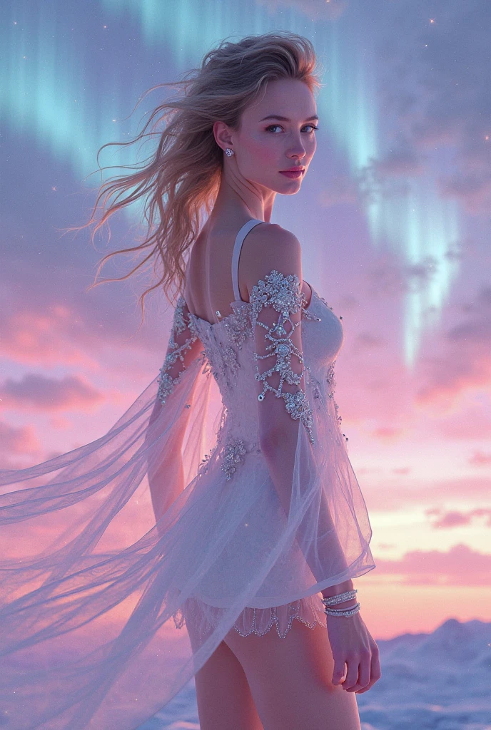 As the moon gently sets above the sky, an enchanting snow lady in a flowing pink dress stands gracefully, emanating an aura of magic and wonder. The scene is in high-definition, capturing every intricate detail of her sparkling icy form and the mesmerizing colors of the sky. The viewer can't help but feel the allure of this enchanted moment, as if they have stepped into a fairytale realm. The photograph is a testament to the skill and artistry of the photographer, whose name is cherished in the world of magical photography - By Photographer Name.