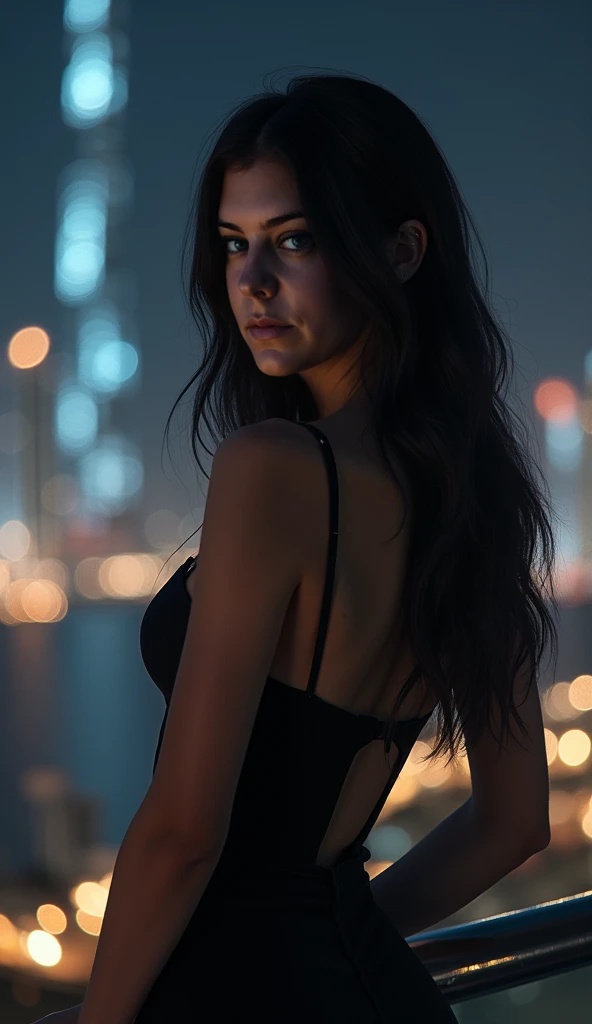 Generate me a brunette in front of the Luxembourg garden at night with super sexy body, strawberry hair with an epicrealism shape