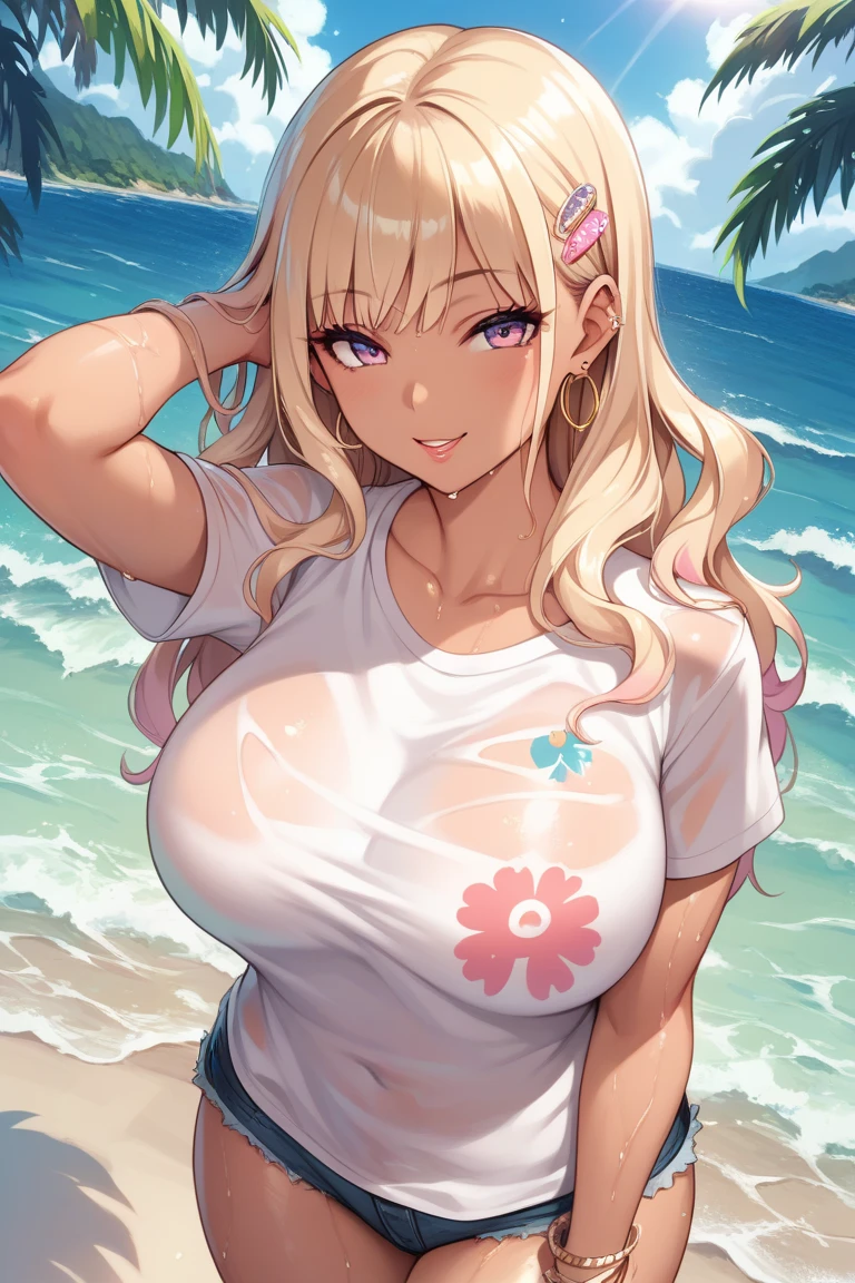 (Highest quality:1.2, Anime artwork, Very detailed, Attention to detail, digital coloring, High Contrast, masterpiece:1.2, Highest quality, Best aesthetics), (((kitagawa marin, 1 girl))), Emerald green hair、Pink mesh, Medium short hair catalogue, Clean gradient hair, Red eyes、Magenta Eyes, Earrings, White shirt, Black choker, Check skirt,, smile, Are standing, Cowboy Shot, Sunset on the beach、Detailed Background,Big Breasts:1.2、Cleavage、See through 、Lightweight shirt、(Pink underwear、Underwear is visible)、Perfect hands、Beautiful fingertips