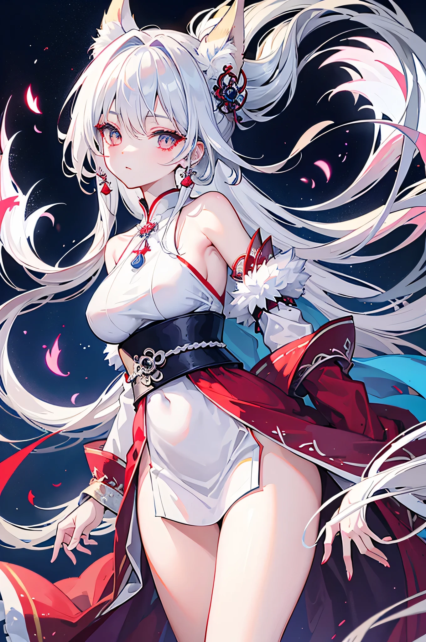 1girl, moon, bird, star_\(sky\), long_hair, starry_sky, (((white_hair))), animal, wide_sleeves, night, flower, night_sky, holding, very_long_hair, full_moon, looking_at_viewer, ribbon_trim, ribbon-trimmed_sleeves, long_sleeves, skirt, red_eyes, solo, japanese_clothes, sky,((medium breasts)), (((Pornographic tattoo))),fox ears, fox tail, fox girl,