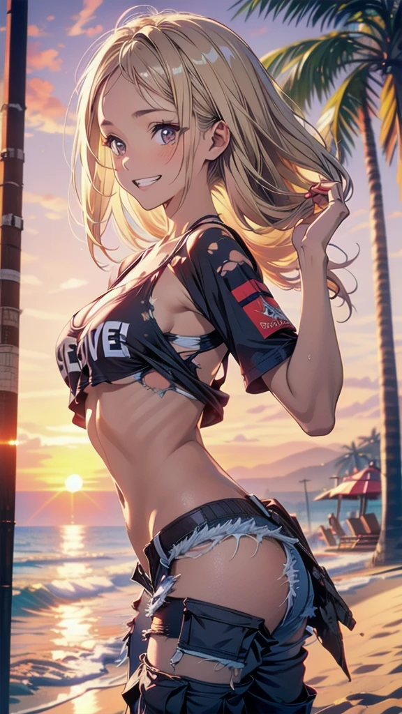 最high quality、best image quality、masterpiece、teenage girl((18-year-old、 By becoming、vest bust、medium bust,wide open breast tea、black eye, blonde hair、Habitual hair、long hair、thin,highest valley、blue shorts、attractive face、heart tattoo、black aloha shirt、physical education sitting、sweating、like、Stay close to your audience、leaning forward)),high quality、beautiful art、background((Hawaii、Waikiki、Palm tree、beach、sunset))debris flies、Depth of written boundary、movie、visual art、perfect art、8K,genuine