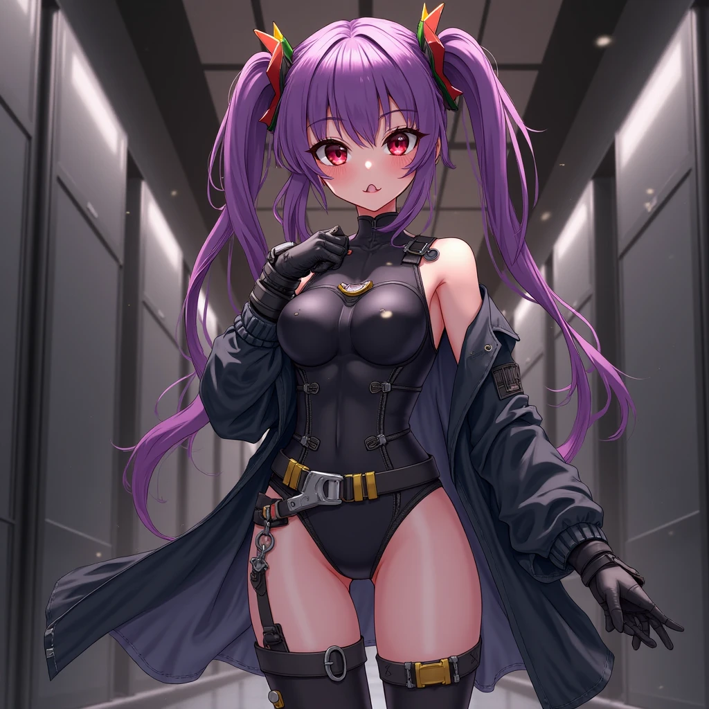 ultra-detailed, Explicit, Beautiful body, Beautiful Nose, Beautiful character design, perfect eyes, perfect face, ultra highres, 4K, beautiful legs, perfect legs, Nice hands, Perfect hand, Masterpiece, Best Quality, Highly detailed, illustration, absurdres, perfect ???????, street fighter, doll suit, shadaloo doll, dollsuit, expressionless, blank eyes, looking at viewer, red gloves, emotionless, black latex, corrution, mind control, female combatant, full body, hypnotized, unhappy trance, full body suit, ribbed bodysuit, both arms at side, obey, perfect female body, extremely glossy latex, hypnosis, hypnoLora, empty eyes, Mind control device, poses, submissive_pose, Slave, hat, necktie, stand up straight, standing, standing at attention, hat, necktie, belt, latex, ribbed bodysuit, thighhighs, garter belt, Fighting Stance, extending the right arm from the shoulder into the air with a straightened hand, military, thigh boots, 1girl, Solo, krul tepes, Seraph of the End, long hair, pink hair, red eyes, hair ornaments, vampire, long ears, twin tails