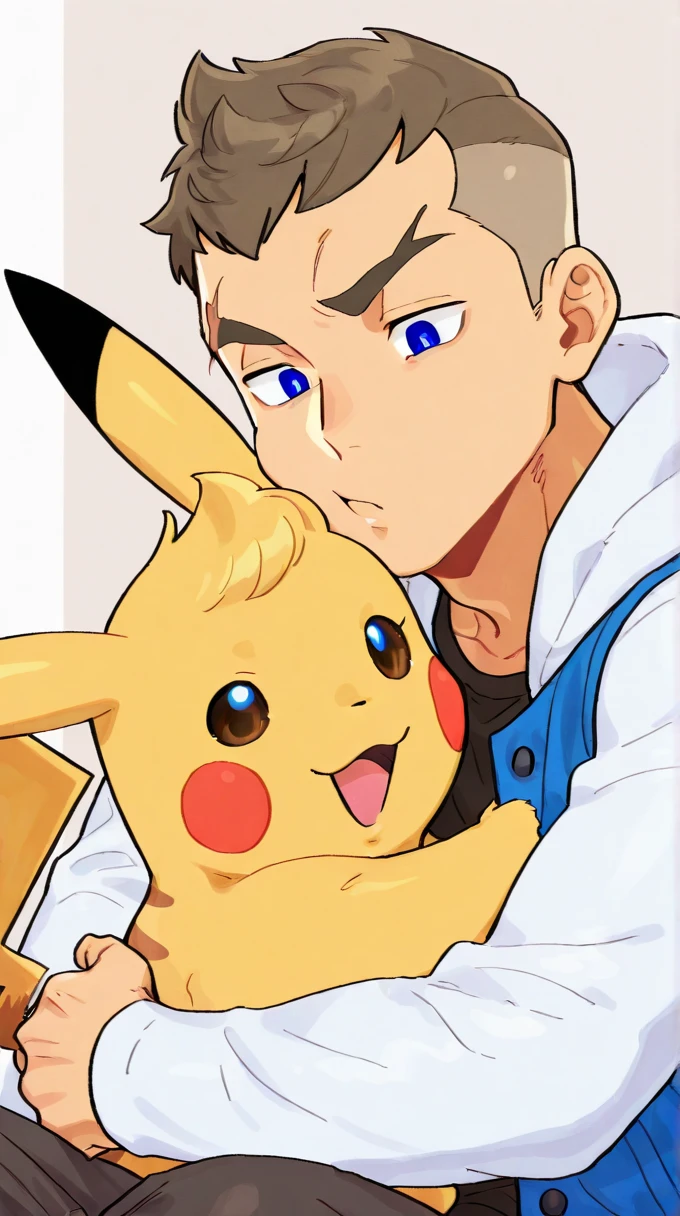 Humn kiss Pikachu On the cheek , 1 human Male Age 27 With Brown fade haircut , 1 Pikachu , white shirt ,scar on eyebrow, blue hoodie vest ,big eyebrows, , Black shirt long sleeve ,BLUE pupils