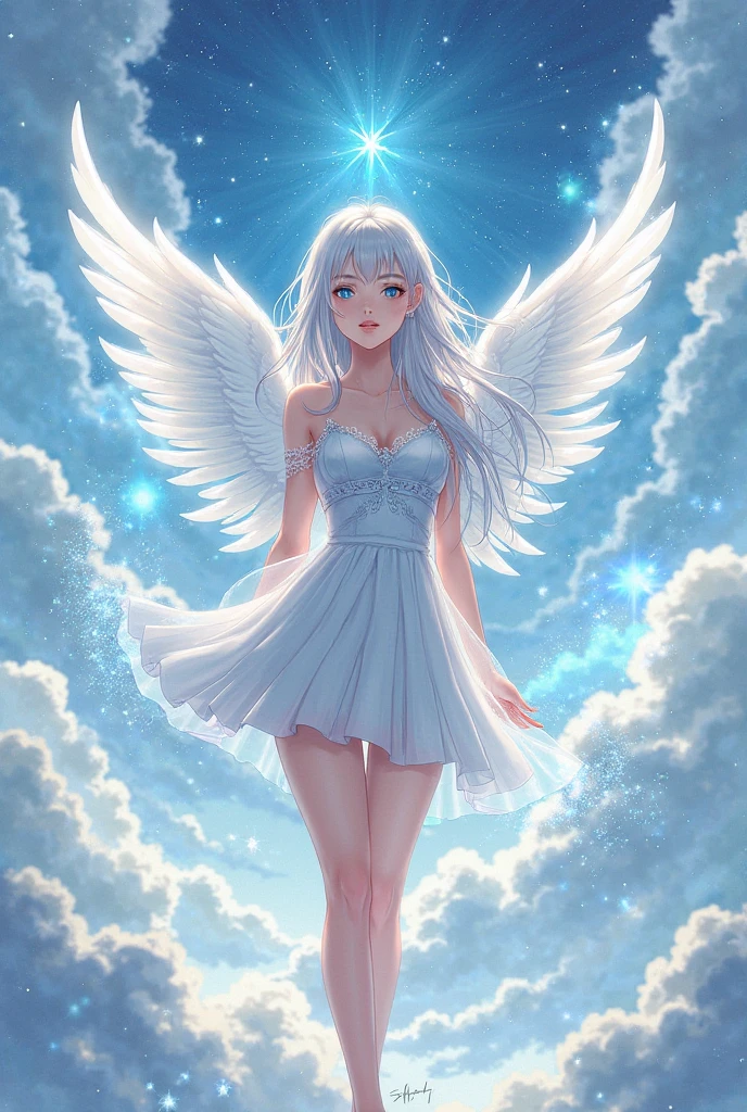 I want a beautiful woman, with hair with white and light blue hair, lilac eyes, a 6 winged deity, with multipersonality, wearing a pearl necklace, using her anime style elemental powers in combat stance