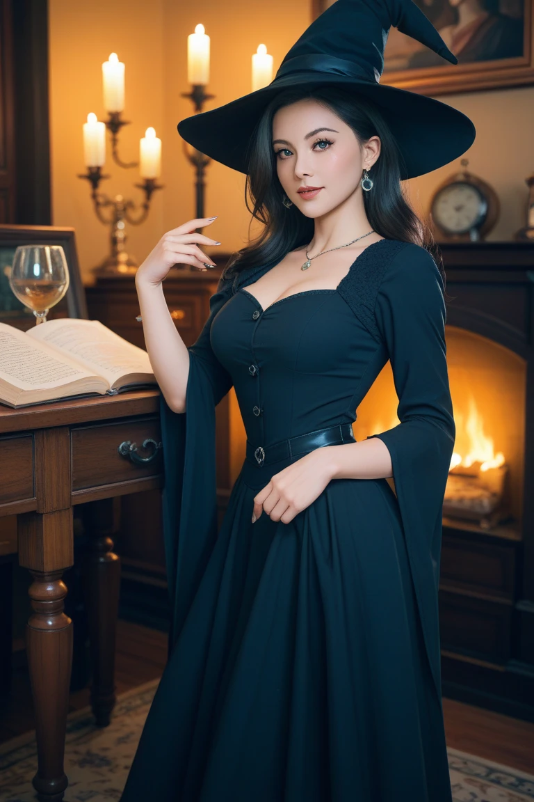 01_(Cheerful witch on a broom),(young girl, dressed as a witch - Halloween),(very cheerful, open mouth, white teeth, smile), (big beautiful eyes), (long curly hair),(dressed in black satin- silk dress, long dark cape - mantle, with red lining). Witch's hat - wide brim, large metal plaque.
  Young witch, riding a broom, a little cleavage. Background dark blue night sky - stars. (Full moon). (Warm light from the moon). (Cold shadows). (Starry night). At the bottom are the roofs of the houses of the old city, chimneys, spiers, chapels. An ancient Victorian town.
02_ Around her neck she wears necklaces with amulets, beads, and esoteric precious trinkets made of precious metals. On the hands, wrists, bracelets, hoops, fingers are decorated with rings.
A white girl riding a broom flies over the ancient city, in the full moon, illuminated by the stars. (Fantastic picture, mystery. Magic, fantasy). Very realistic drawing, digital graphics, high quality workmanship, 2D illustration, poster, wallpaper - high resolution, high-quality details, soft background. Very clear image of the face, hands (five fingers), details of clothing, accessories.
Stylistics, animated film, three-dimensional graphics, stylization of digital 2D painting. Riot Games, Blizzard.
03_High image quality, 8K | Ultra HD | Full HD, cinematic rendering, 3D visualization. (soft, photorealistic, realistic, sharp focus, 8K). Highly detailed textures, silk, satin, bronze, gold, black metal. White skin texture - high quality, (shades: warm ocher, red, black, elements, metallic luster), Magic amulets, cabalistic symbolism throughout the body. Night lighting, rich, bright image in dark blue tones - 2D digital painting, drawing.