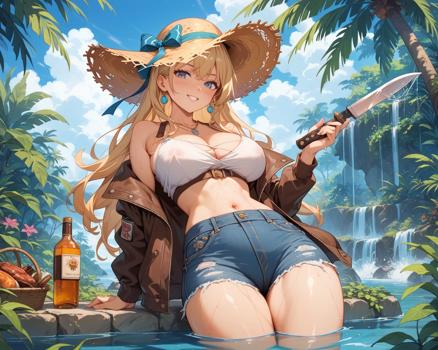 score_9, score_8_up, score_7_up,  source_anime,  BREAK,   <lora:RubyMVC2:0.8>,  RubyMVC2, long hair, blonde hair, pirate hat, eyepatch, , blue bikini,  breasts, o-ring, thighs, thigh strap, holding drink, sitting, beach chair, close-up, sandals, crossed legs, 1 girl, solo, looking att viewer,