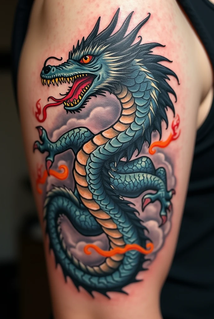 Create a realistic tattoo design featuring an aggressive dragon 
