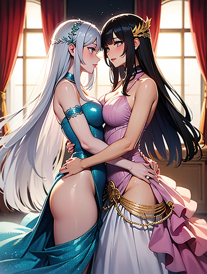 ((Finest quality)),(超A high resolution),(ultra-detailliert),(Meticulous portrayal),((Best CG)),(Finest works of art),Ultra-Precision Art,The art of astounding depiction,(Art with precise depiction in every detail:1.5), (two womens:1.5),Beautiful and well-groomed face:1.6,Two people facing each other and pressing their chests against each other:1.6,Exquisitely detailed lingerie:1.6