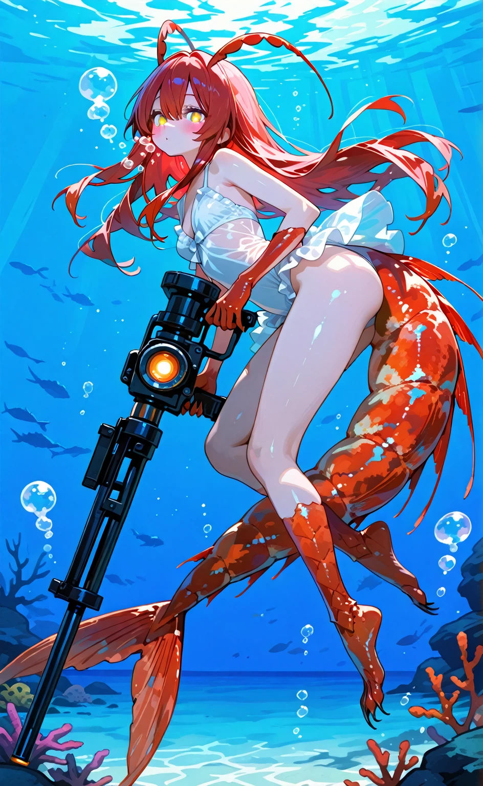 (Unity 16K Wallpaper, Masterpiece, Best Quality, Ultra-Detailed, Extremely Detailed CG, Cinematic Lighting, Detailed, Beautiful Detailed Eyes, Ultra High Resolution), (Full Body Shot), (Full Legs Shot), (Erotic Suggestiveness), (Swimsuit:1.3),(See-Through Swimsuit), (The Swimsuit is about to come off 1.5), (Carmelto), NSFW, Thick-Body, Thick, Blue Eyes, Red Hair, Fine Skin, Armpits, Five Fingers, Drenched in Sweat, Thick, Wet, Futuristic Background, Machines Background