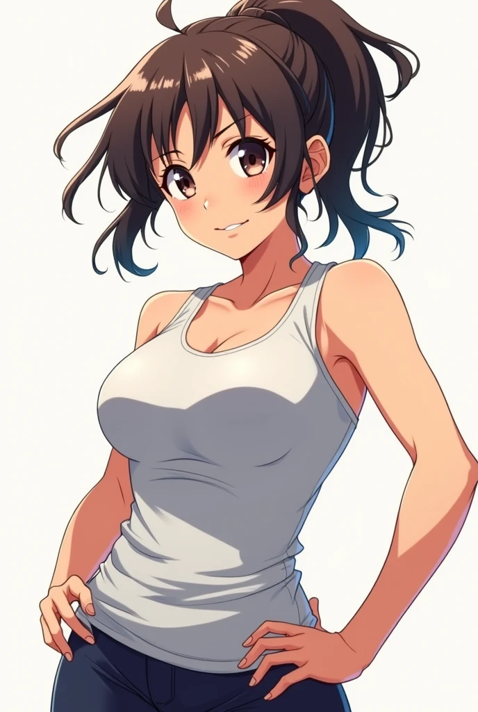 (beautiful detailed eyes:1.5, beautiful detailed face:1.2, beautiful detailed hair), Murrue Ramius, a woman, red eyes, blush, milf, wife, sexy, Curvy, (brown hair, long hair, bangs), (sagging large breasts:1.5), (negligee:1.5, no bra), arms behind back, upper body, standing, (Perfect detailed ???????, beautiful detailed hair, perfect female body:1.2, shiny skin), (thick outline, Beautiful outlines, black outlines), simple background:1.5