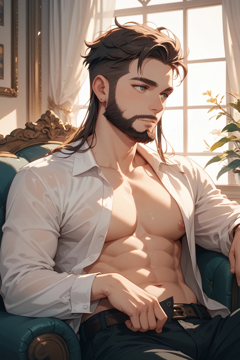 um homem de calcas, moletom, rugged look, barba longa, cabelo ruivo, tattoos on the left arm, cabelos vermelhos, sentado em trono de pedra, olhar arrogante e sorriso arrogante, spacious cave, chamas ao fundo