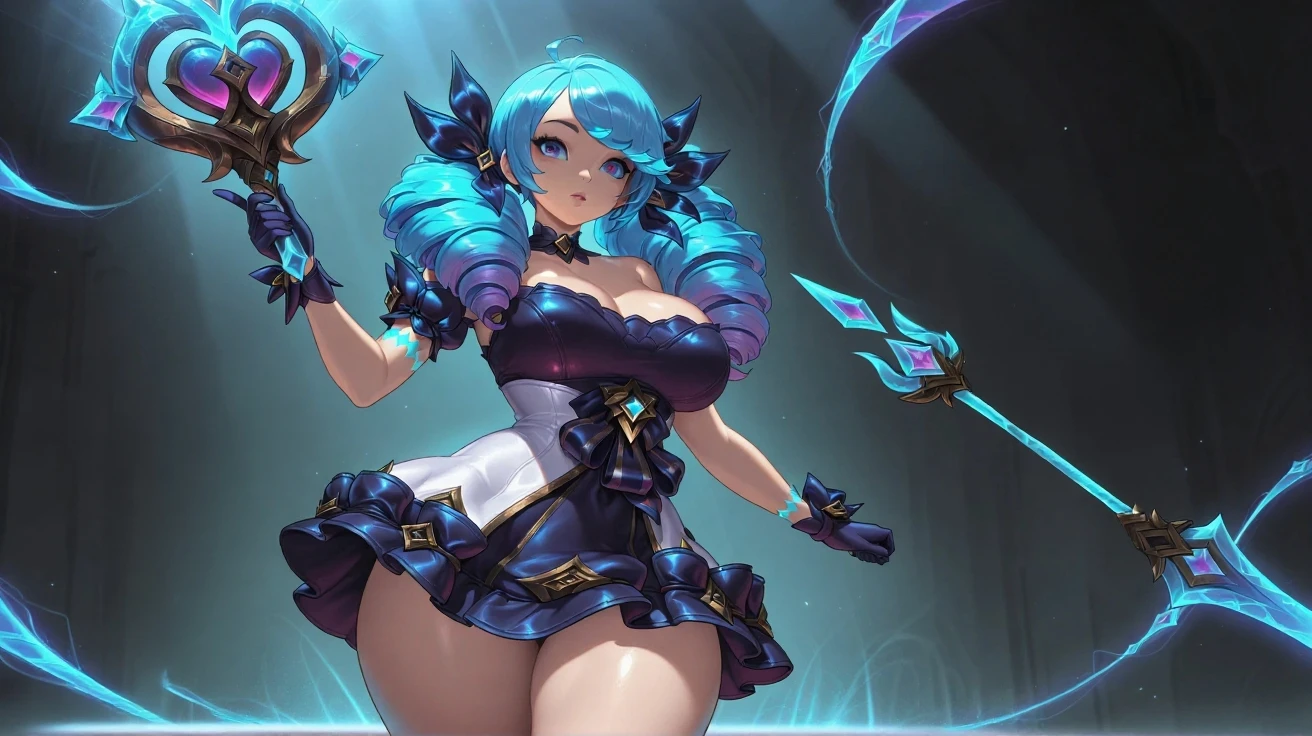 1girl, middle school girl, choker, hishikawa_rikka, solo, jewelry, long_hair, magical_girl, breasts, blue_hair, purple_hair, blue_eyes, crystal_earrings, eyelashes, rating:safe, heart, bracelet, large_breasts, big_breasts, hair_ornament, skirt, adapted_costume, blue_choker, ponytail, breast_hold, cleavage, grey_background, older, half_updo, earrings, serious, rating:questionable, panties, blue_panties,  huge_breasts, thigh_gap, crossed_arms, shiny_skin, ass_visible_through_thighs, thighs, standing, underwear, looking_at_viewer, shiny, leotard, blue_leotard, blue_skirt, wide_ponytail, blue_theme, tiara, diamond_(shape), alternate_breast_size, bow, ribbon