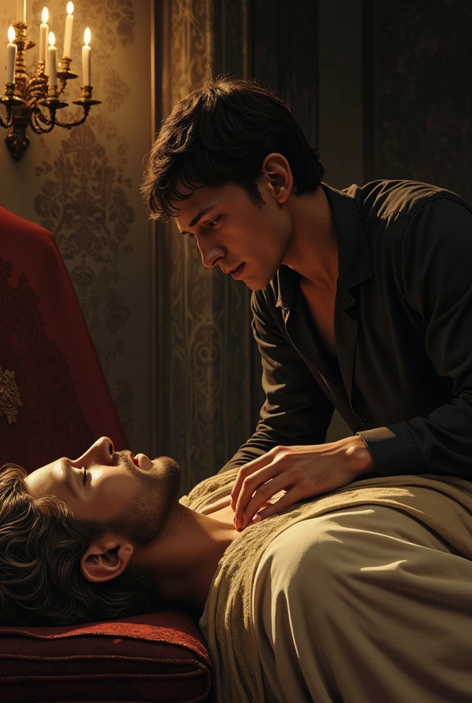 (best quality,ultra-detailed,realistic,masterpiece:1.2),man lying on a table,naked,covered in blood,seductive gaze,illustration,detailed face,handsome appearance,masculine features,deep-set eyes,pouty lips,sleek and well-groomed,provocative pose,ambient lighting,dark and mysterious atmosphere,expressive body language,erotic undertones,vivid colors,studio shot